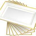 FOCUSLINE 6 PCS Plastic Serving Trays, White and Gold Rim Plastic Serving Platters, Disposable Tray for Food, Perfect for Wedding Parties