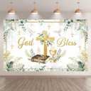 72x43inch Fabric Greenery God Bless Backdrop Gold Cross First Holy Communion Baptism Photography Background Newborn Party Baby Shower Decorations Photo Props