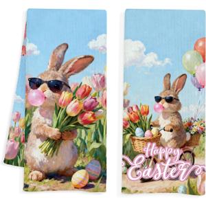 Funny Easter Bunny Kitchen Towels Decorative, Easter Gifts for Kids Bunny Lovers, Spring Tulip Flower Rabbit Hand Towels for Kids Bathroom, 16x24 Inch Set of 2