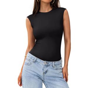 Pinkmstyle Womens Crew Neck Sleeveless Bodysuit Double Lined Stretchy Fitted Basic Thong Body suit Tank Tops, Medium