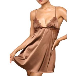 MakeMeChic Women's Satin Silk Nightgown Lace Trim Tie Back Babydoll Slip Dress Sleepwear (Brown, L)