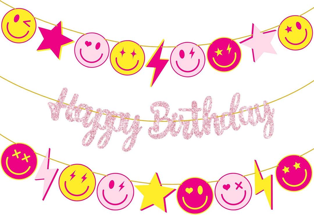 Preppy Birthday Party Banners 3Pcs Preppy Smile Face Birthday Party Decorations Pink Smile Face Lightning Star Themed Party Banners for Preppy Theme Bachelorette Party Supplies