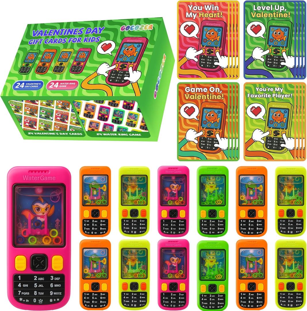 24 Packs Water Ring Games Handheld with Valentine Cards for Kids Birthday Classroom Prize Box Rewards Bulk Party Favors Goodie Bags Preschool Valentine Gifts