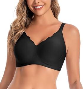 Hedya Flow Womens Seamless Bras No Underwire Supportive Wireless Push Up Full Coverage Bralette Comfort Scalloped T-Shirt Bra Black 3XL