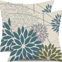 Blue Army Green Outdoor Pillow Covers Set of 2 18X18 Inch Teal Floral Elegant Polyester Flower Pillow Case Outdoor Waterproof Decor for Patio Funiture Garden Linen Cushion Covers 01C18