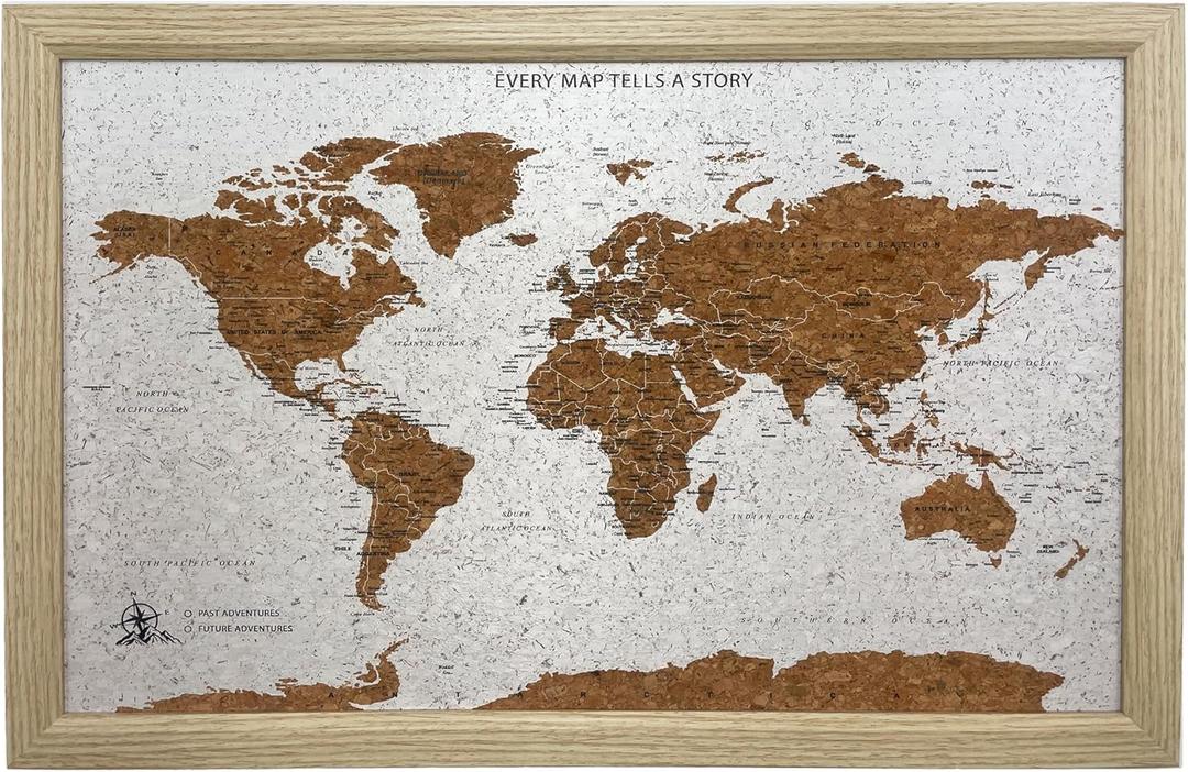 Gleneagles World Travel Map & Pin Board | Framed Pinboard | Cork Wooden Design | 70 Push Pins Included | 14.2'' x 21.2'' Personalised Home Wanderlust Decor for Travelers (Beige)