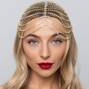 CAKURE 1920s Crystal Cap Headpiece Flapper Cap Head Jewelry Roaring 20s Hair Chain Headpiece Rhinestone Head Chain Jewelry Art Deco Party Hair Accesories for Women (a-Gold, One size)