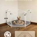 No Pawblems Full Metal Free Standing Dog Gate with Door, 30'' Tall Foldable Freestanding Pet Gate for Indoor & Outdoor, Up to 78 Inch Extra Wide Dog Fence for Doorways, Stairs, Deck, Yard - White