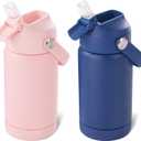 Kerilyn 12oz Kids Water Bottle 2 Pack, Stainless Steel Insulated Water Bottle Bulk, Toddler Cups with Straws Leak-Proof, Kids Water Bottles for School Boys Girls, BPA Free, Blue+Pink 2 Piece Set