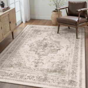 Area Rug 3x5 Washable Taupe Rug Vintage Boho Medallion Entryway Door Mat Entrance Distressed Retro Carpet Non Slip Low Pile Small Soft for Office Kitchen Bedroom Laundry Bathroom Hallway