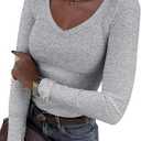 Roselux Womens Long Sleeve V Neck Ribbed Knit Fitted Casual Tops Tee Slim Basic Shirt, Small