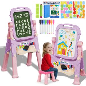 Easel for Kids Age 2-4 Toddlers Art Chalkboard and White Board Double Side with Chair Height Adjustable Drawing Writing Learning Toy for Age 2 3 4 5 Year Boys Girl Educational Birthday Gifts