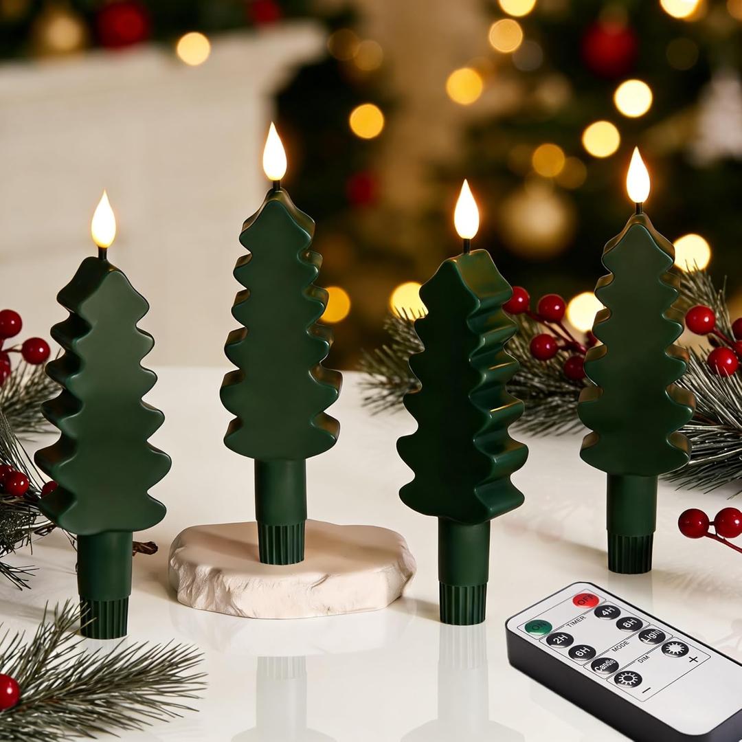 Eywamage Green Christmas Tree Flameless Taper Candles with Remote, Short Battery LED Wax Candlesticks Holiday Decor Set of 4