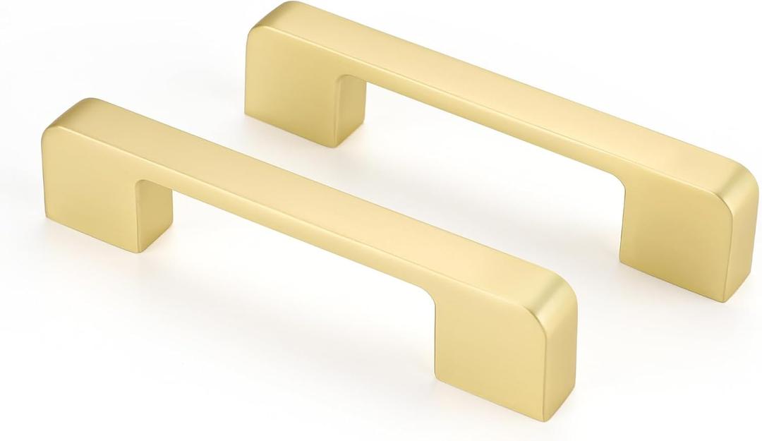 Rergy Cabinet Pulls Kitchen Handles for Cabinets, 10Pack Gold 3-3/4inch Hole Center, Square Drawer Hardware Zinc Alloy Dresser Handle for Cupboard (3.75"/96MM Hole Center, Brushed Gold)