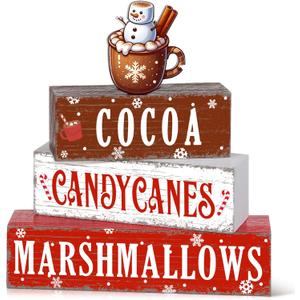 Geelin 4 Pieces Christmas Hot Cocoa Wooden Table Decorations Xmas Hot Cocoa Wooden Signs Rustic Marshmallow Tiered Tray Decor Tabletop Centerpieces for Home Desk Room Kitchen Shelf