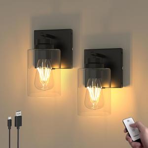 Battery Operated Wall Sconce with Remote Control, Dimmable Wall Lamp Set of Two No Wired, Rechargeable Cordless Wall Light Fixtures for Bedroom Living Room Bathroom Hallway Farmhouse, Black