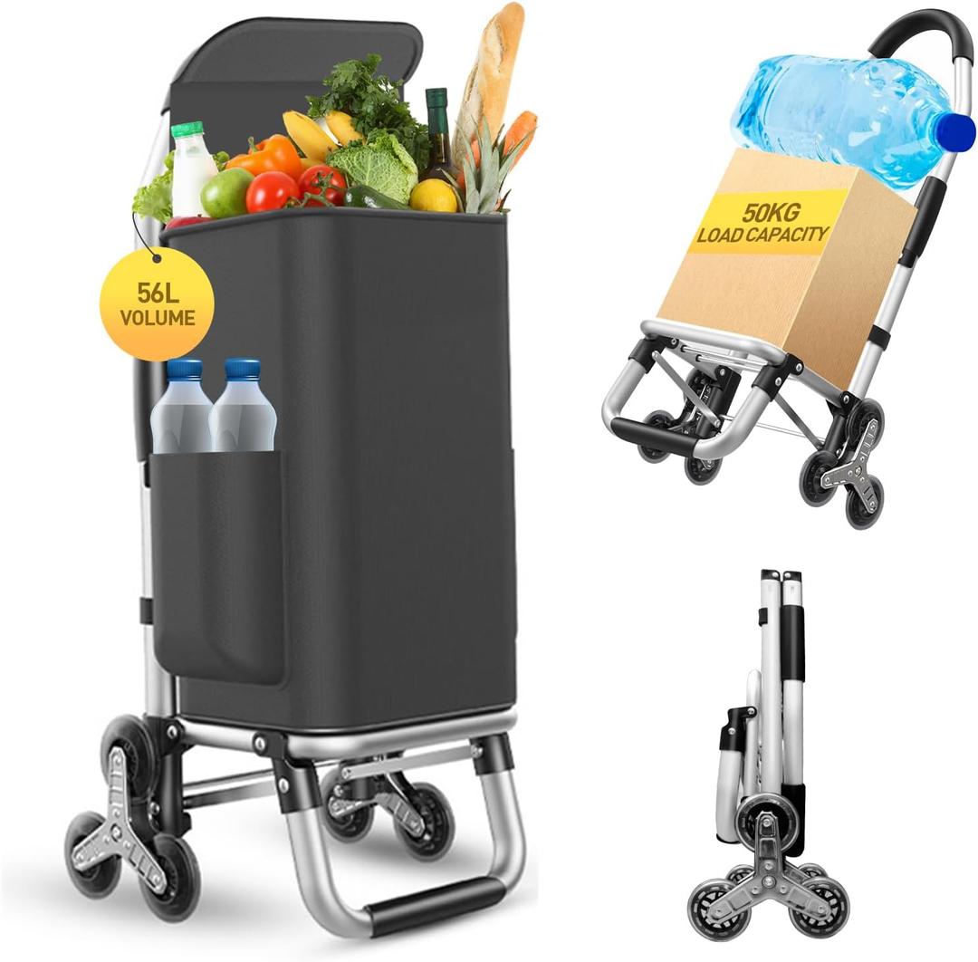 Heavy Duty 3 in 1 Shopping Cart, Foldable Hand Truck with 6 Wheels, 110 lbs Grocery Cart, Portable Utility Dolly, Waterproof Bag for Moving, Camping