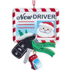 New Driver Christmas Ornament - Customizable Santa Driver's License New Car and Keys Holiday Tree Decoration Keepsake for Teens and Driving Test (Red)