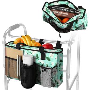 Rhino Valley Walker Bag, Large Capacity Walker Accessories Storage Bag with Multi Pockets & Cup Holder, Walker Basket with 4 pockets for Universal Walkers for Seniors, Green Lily Middle
