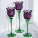 VOHO Purple Tulip Tealight Candle Holder Set of 3, Glass, Purple, Floral, Holidays, Wedding, Romance, Easter, Halloween, Thanksgiving, Christmas, Anniversary & Engagement, Tabletop, 3.15'' x 10.83''
