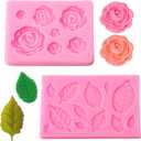 2 Pcs Rose Flower and Leaves Silicone Mold, Roses Collection Fondant Mold Cake Chocolate Molds for Sugarcraft Cupcake Toppers Soap Polymer Clay Crafting Projects Wedding and Birthday Cake Decoration