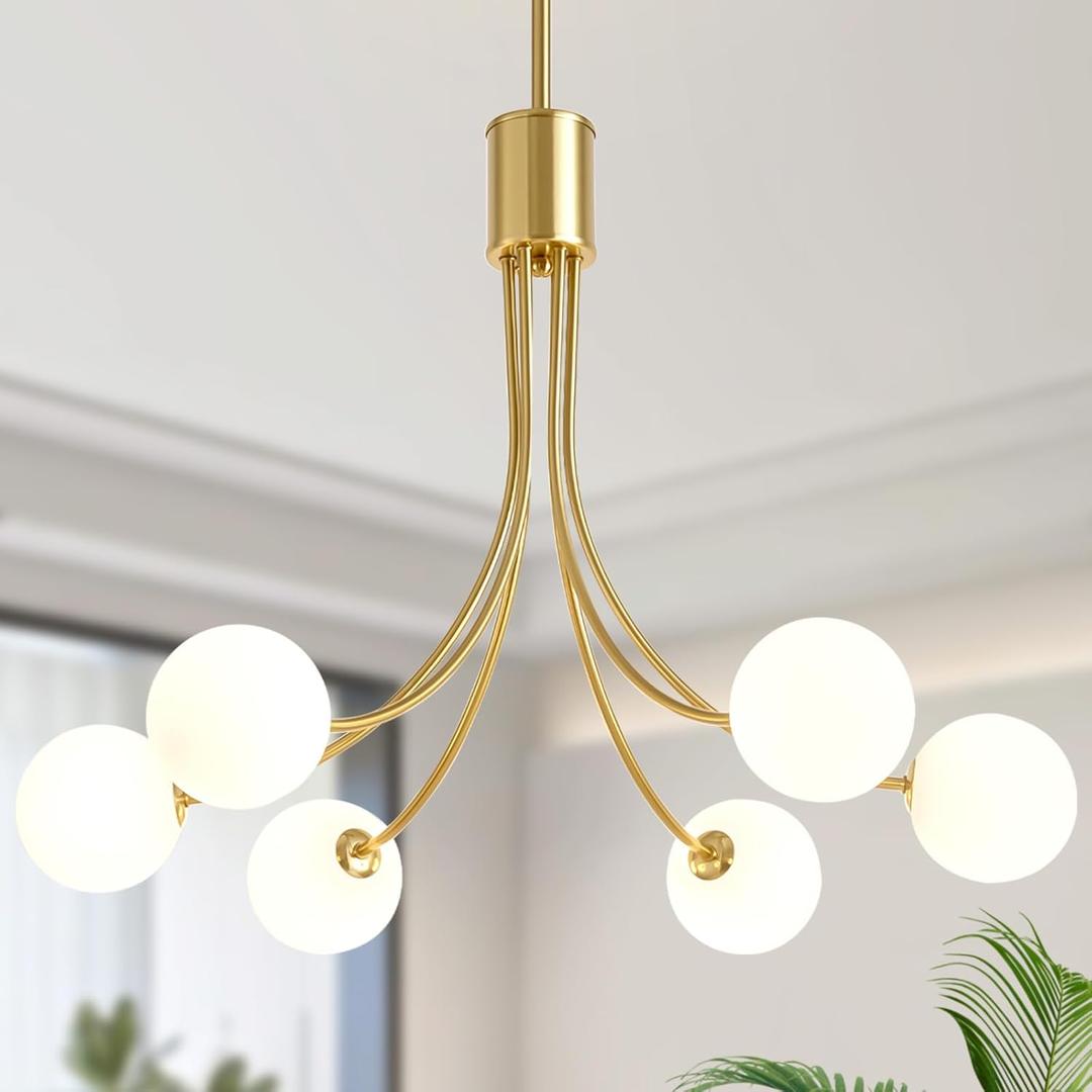 6-Light Sputnik Chandelier Modern Brushed Brass Dining Room Light Fixture Mid Century Gold Chandelier with Milk Glass Hanging Pendant for Kitchen Island Dining Room, Living Room, Bedroom, Foyer