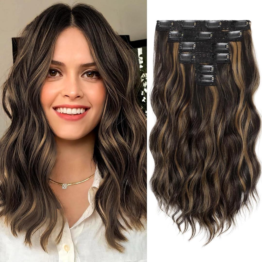 KooKaStyle Clip in Hair Extensions 6PCS Short Synthetic Hair Extensions Soft Wavy Curly Hairpieces Balayage Highlights Color for Women 14Inch(Balayage Dark Brown to Chestnut)