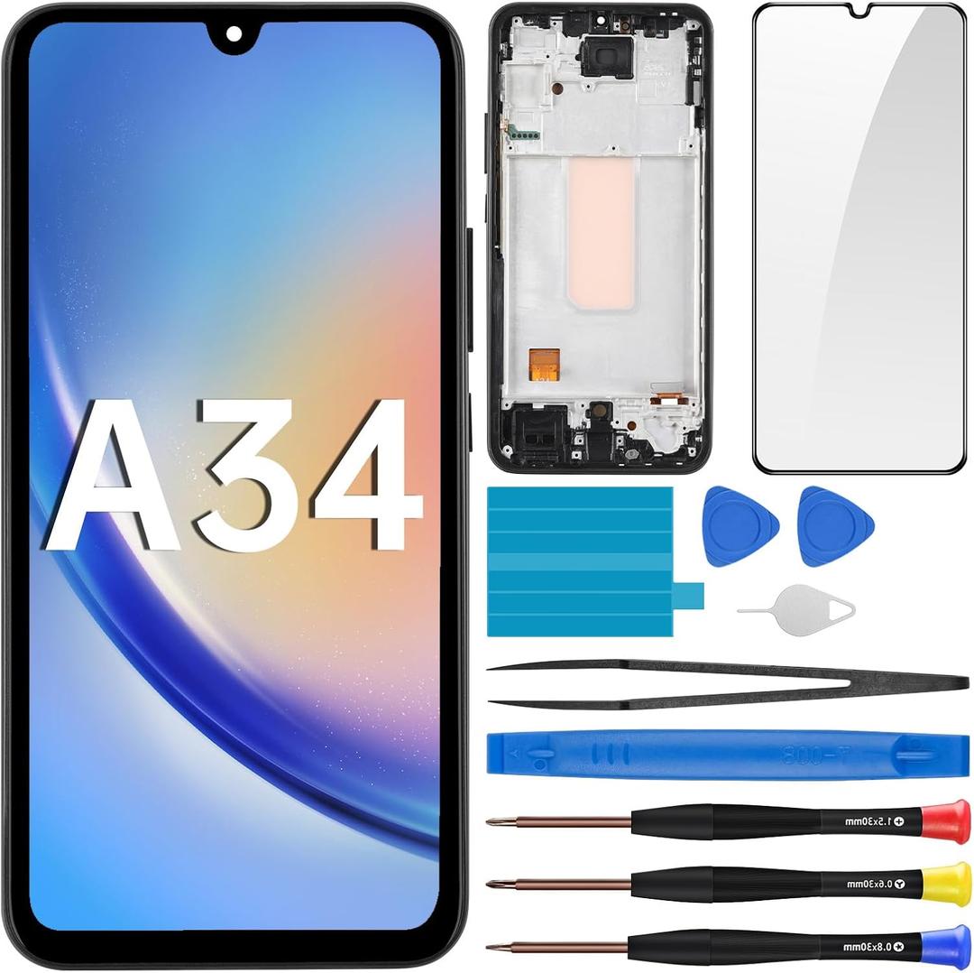 For Samsung Galaxy A34 AMOLED Screen Replacement with Frame OLED Display Touch Digitizer Full Assembly Fix Glass with Repair Tools Kit A346E A346B A346M