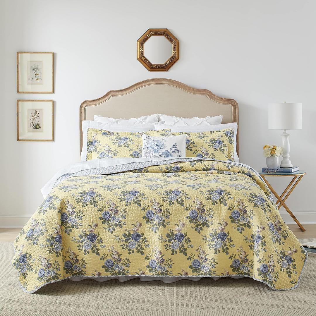 Laura Ashley - Queen Quilt Set, Reversible Cotton Bedding with Matching Shams, Lightweight Home Decor for All Seasons (Linley Yellow, Queen), Full/Queen