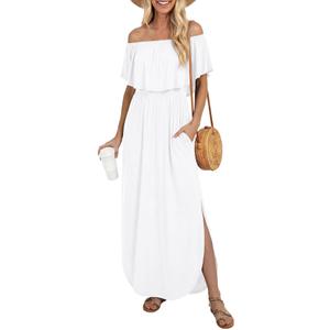 LILBETTER Womens Off The Shoulder Ruffle Party Dresses Side Split Beach Maxi Dresses(White, Medium)