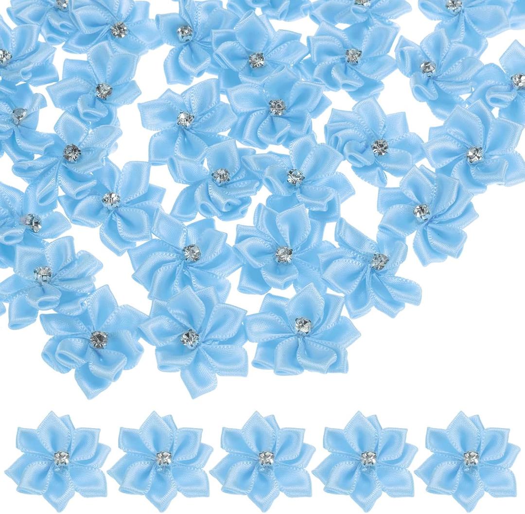 M METERXITY 200-Pack Satin Ribbon Flowers, 1.2 Inch Mini Fabric Flowers with Rhinestones Flower Ribbon Appliques for Crafts DIY/Wedding/Ornament/Party/Home [Blue]