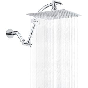 Hibbent All Metal Rain Shower Head, 10'' High Pressure Rainfall Square Showerhead with 16" Shower Head Extension Arm, Solid Brass Adjustable Shower Arm Extender, Waterfall fixed Showerheads, Chrome