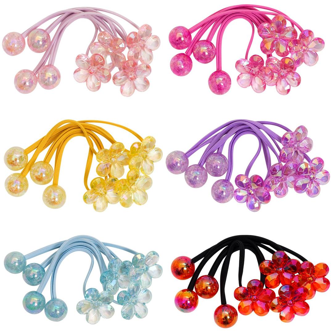 24PCS Ball Charm Hair Ties for Little Girls, Camellia Bubble Ponytail Holders Elastic Bands Hair Accessories for Kids Children Girls(6 Colors)