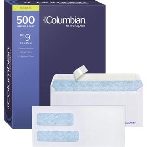 Columbian #9 Security Envelopes, 500/Box, Double Window, 3-7/8" x 8-7/8", Release & Seal Self Seal, SimplySafe Tamper Evident, White (COLO183)
