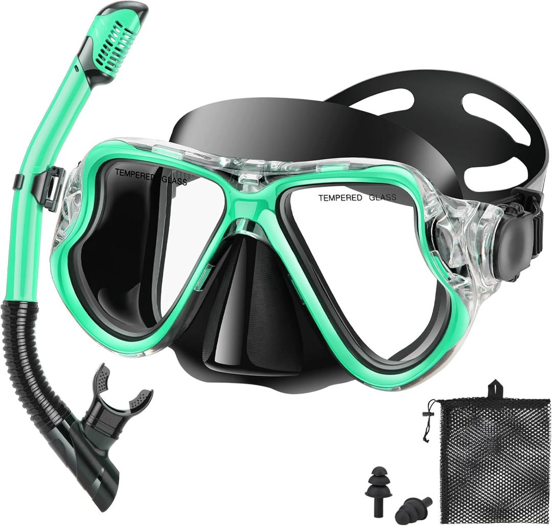 Snorkeling Gear for Adults Kids, Dry Snorkeling Set, Panoramic Anti-Leak and Anti-Fog Tempered Glass Lens, Adjustable Strap Snorkel Set with Mesh Bag Ear Plug for Snorkeling Scuba Diving Travel (Turquoise Blue)