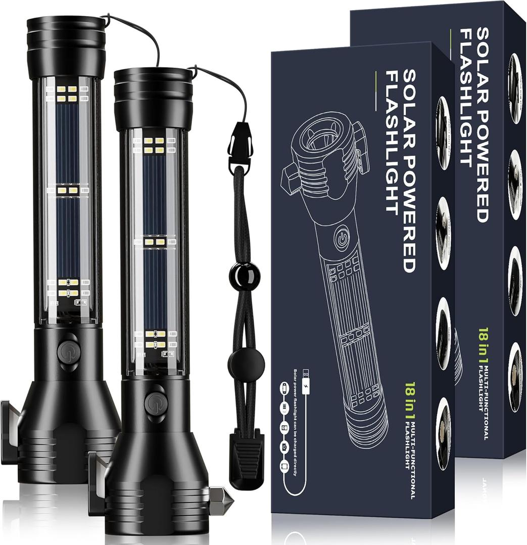 Otdair Solar/Rechargeable LED Flashlight, Multi Function Ultra Bright Flashlight, Emergency Strobe Light, USB-C Rechargeable, Survival Gear and Supplies, 5 Modes for Outdoor, Camping, Hiking, 2 Pack