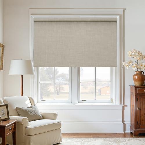 Cordless Blackout Roller Shades Linen Blinds for Bedroom Living Room Dining Free-Stop Thermal Insulated 100% Black Out Extra Wide Shades for Large Window Room Darkening Blinds Beige Oatmeal W70xH72