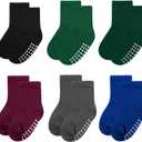 6 pack baby socks, cotton crew children's socks, non-slip grip socks, unisex, for toddlers, boys, girls, 4-7 Years (6 Pairs-black/Green/Darkgreen/Redbrown/Darkgray/Sapphireblue)