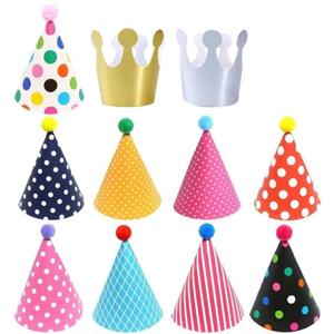 ELakiss 11PCS Birthday Party Cone Hats - Birthday Hat Pom Poms,Lovely Cake Cone Birthday Paper Hats,Lovely Crown,For Children and Adults (9 hats and 2 crowns)