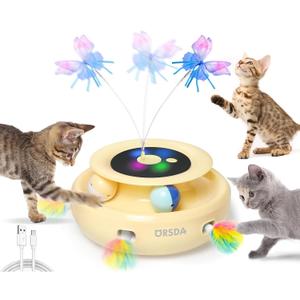 ORSDA Cat Toy, 3-in-1 Automatic Interactive Electronic Moving Ambush Feather, Fluttering Butterfly, Track Balls, USB Rechargeable Powered Smart Indoor Exercise Kicker (Yellow)