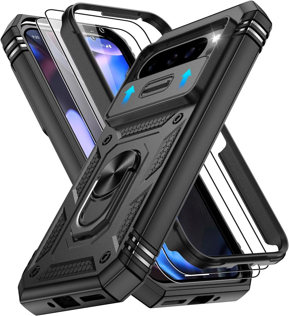 Gritup for Pixel 9 Case: Pixel 9 Pro Case with 2*Screen Protector, Magnetic Stand & Slide Camera Cover, Shock Proof Military-Grade para Google Pixel 9/9 Pro Cover, Black