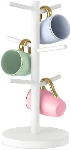 Wisuce Bamboo Coffee Mug Holder Tree, Thicker Base Coffee Cup Holder Stand for Countertop, Tabletop Mug Rack Organizer with 6 Hooks (White)