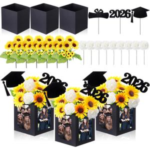 Glenmal 24 Pcs Class of 2026 Graduation Table Centerpieces Decor 6/7 Inch Graduation Photo Frame Display Box Artificial Sunflowers and Roses Class 2026 Centerpieces Picks for Party(Black)