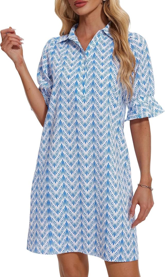 FENSACE Womens Casual Shirt Dress Ruffle Sleeve Button Down Shift Summer Dresses with Pockets (Blue, M)