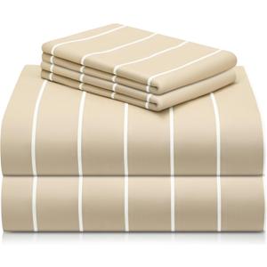 LuxClub 4 PC King Sheet Set, Deep Pockets Wrinkle Free Cooling Bed Sheets Hotel Bedding for Women, Men, Includes 1 Fitted Sheet, 1 Flat Sheet and 2 Pillowcases-Striped - Cream