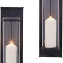 Danya B Metal Pillar Candle Sconces with Glass Inserts - A Wrought Iron Rectangle Wall Accent (Set of 2), Black