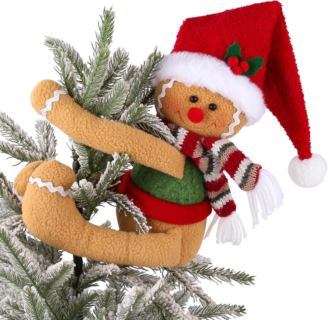 Gingerbread Man Christmas Tree Topper Decorations, Unique Funny Gingerbread Tree Topper Xmas Santa Hat Gingerbread Plush for Christmas Tree Bottle Curtain Ornaments, Christmas Holiday Home Decor