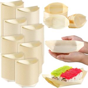 Hoolerry 1000 Pcs Disposable Wood Boat Plates Dishes 4 Inches Bamboo Plates Sushi Boat Disposable Bamboo Leaf Dish Serving Tray Food Container Wood Bowl For Catering Home