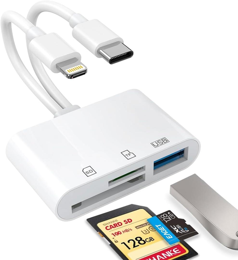 USB C SD Card Reader for iPhone, iPad, Lightning Dual Port SD Card Adapter, Memory Card Reader for Camera Adapter, Support SD, Micro SD, USB 3.0, Plug and Play