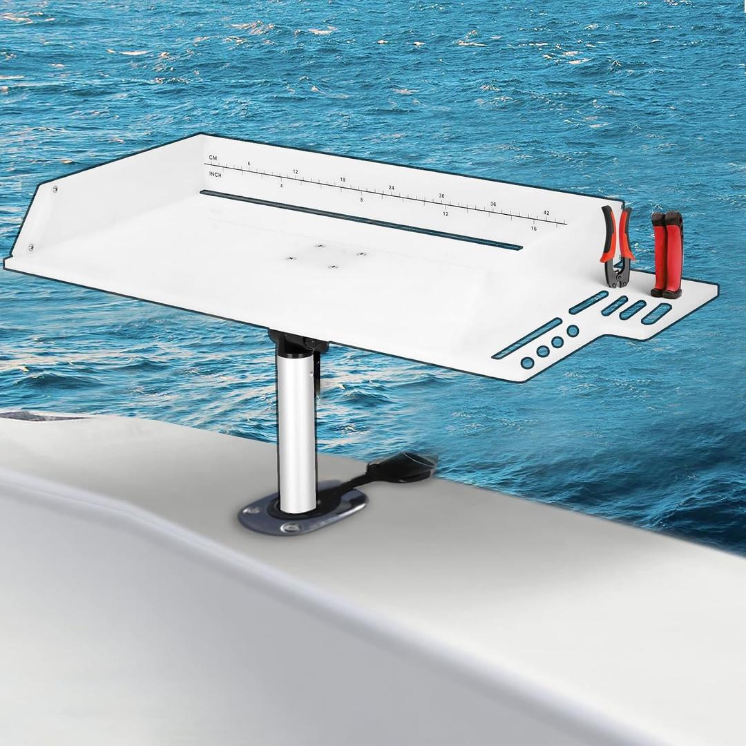 Boat Cutting Board 25.1" x 13", Bait Board/Fillet Table with Separate Tool Slots, 360 Adjustable Fishing Fillet Table, Extended Boat Fish Cleaning Table with Scale(Fish pad +2 fish hooks)